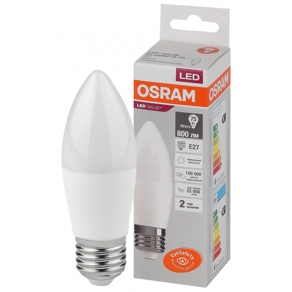 Лампа светодиодная LED 10 Вт E27 (свеча) 4000К 800Лм 220 В (OSRAM)