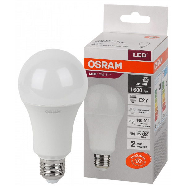 Лампа светодиодная LED 20 Вт E27 (груша) 4000К 1600Лм 220 В (OSRAM)