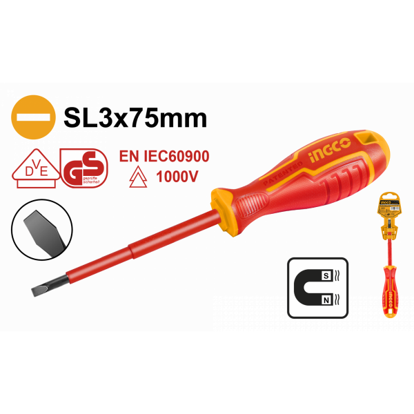 Отвертка диэлектрическая (SL3 х 75) 1000 В Industrial (HISD813075) INGCO